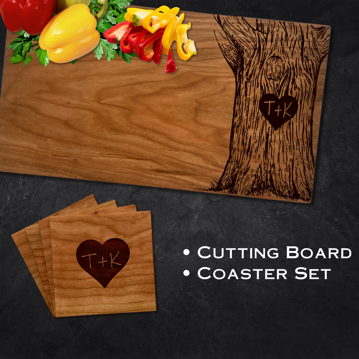 Initials Carved into a Tree Personalized Cutting Board Set