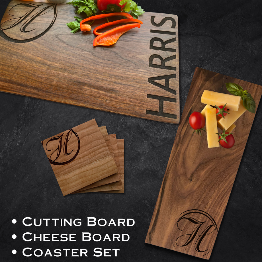 Personalized Monogram Charcuterie Cutting Board and Coasters Gift Set